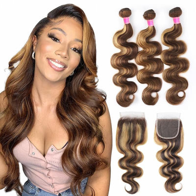 Kelily 10A Highlight P427 Bundles With Closure Straight 3 Bundles With Lace Closure 100% Human Hair