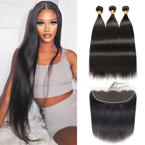 Kelily Hair 10A Grade Straight Virgin Hair 3Bundles With Frontal 100% Human Hair Extension Natural Black