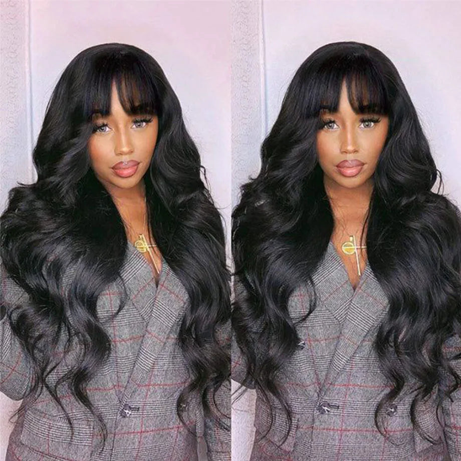 Body Wave Human Hair Wigs With Bangs Full Machine Made Wig Brazilian Wavy Short Bob With Bang Human Hair Wigs For Women