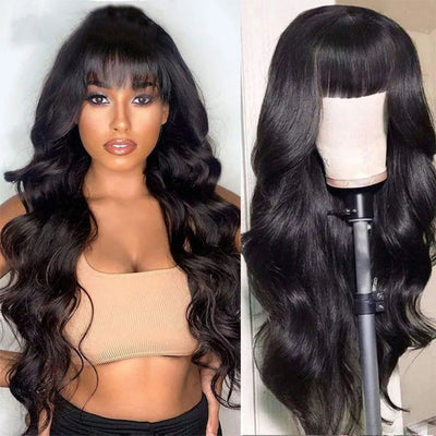 Body Wave Human Hair Wigs With Bangs Full Machine Made Wig Brazilian Wavy Short Bob With Bang Human Hair Wigs For Women