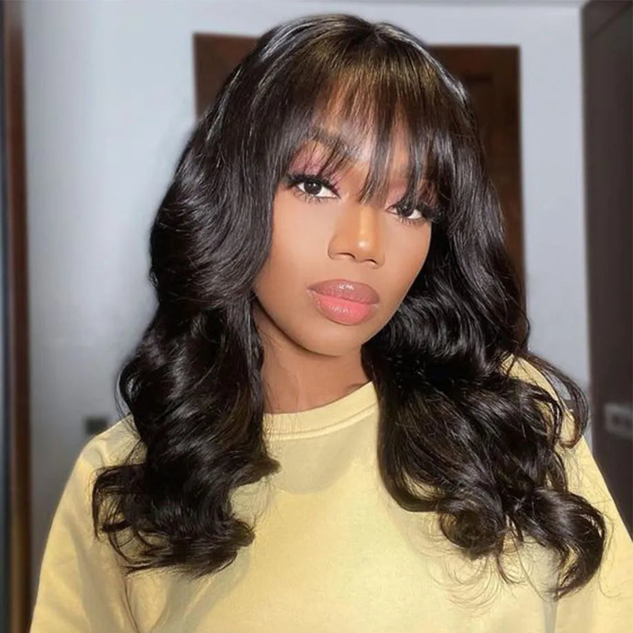 Body Wave Human Hair Wigs With Bangs Full Machine Made Wig Brazilian Wavy Short Bob With Bang Human Hair Wigs For Women