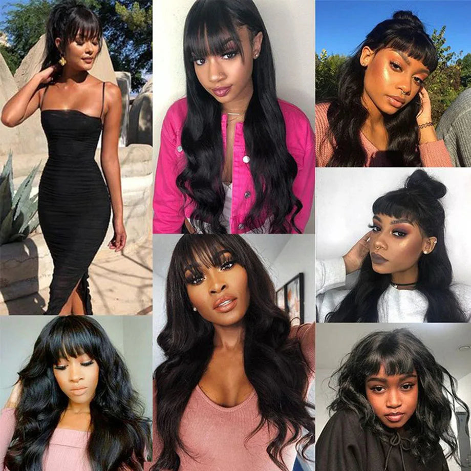 Body Wave Human Hair Wigs With Bangs Full Machine Made Wig Brazilian Wavy Short Bob With Bang Human Hair Wigs For Women