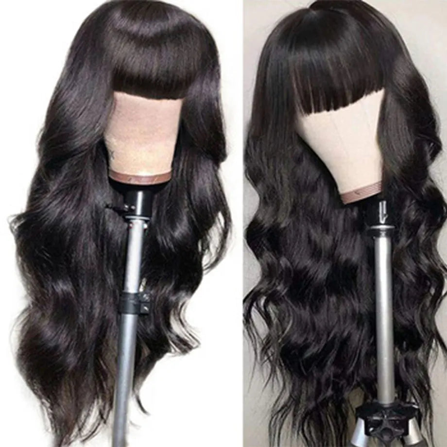 Body Wave Human Hair Wigs With Bangs Full Machine Made Wig Brazilian Wavy Short Bob With Bang Human Hair Wigs For Women