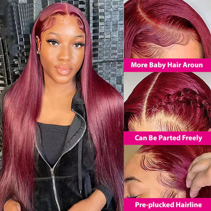 99J Straight 13x6 HD Lace Front Wigs Human Hair Brazilian Preplucked Transparent