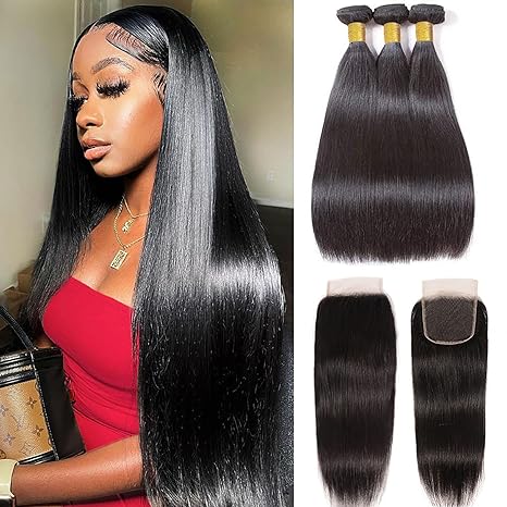 Kelily Straight 3Bundles With Lace Closure 10A Grade 100% Human Hair Natural Black