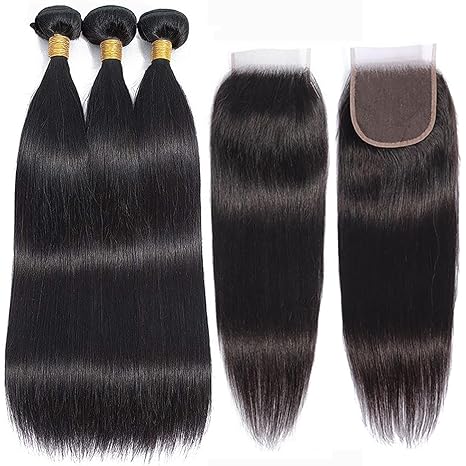 Kelily Straight 3Bundles With Lace Closure 10A Grade 100% Human Hair Natural Black