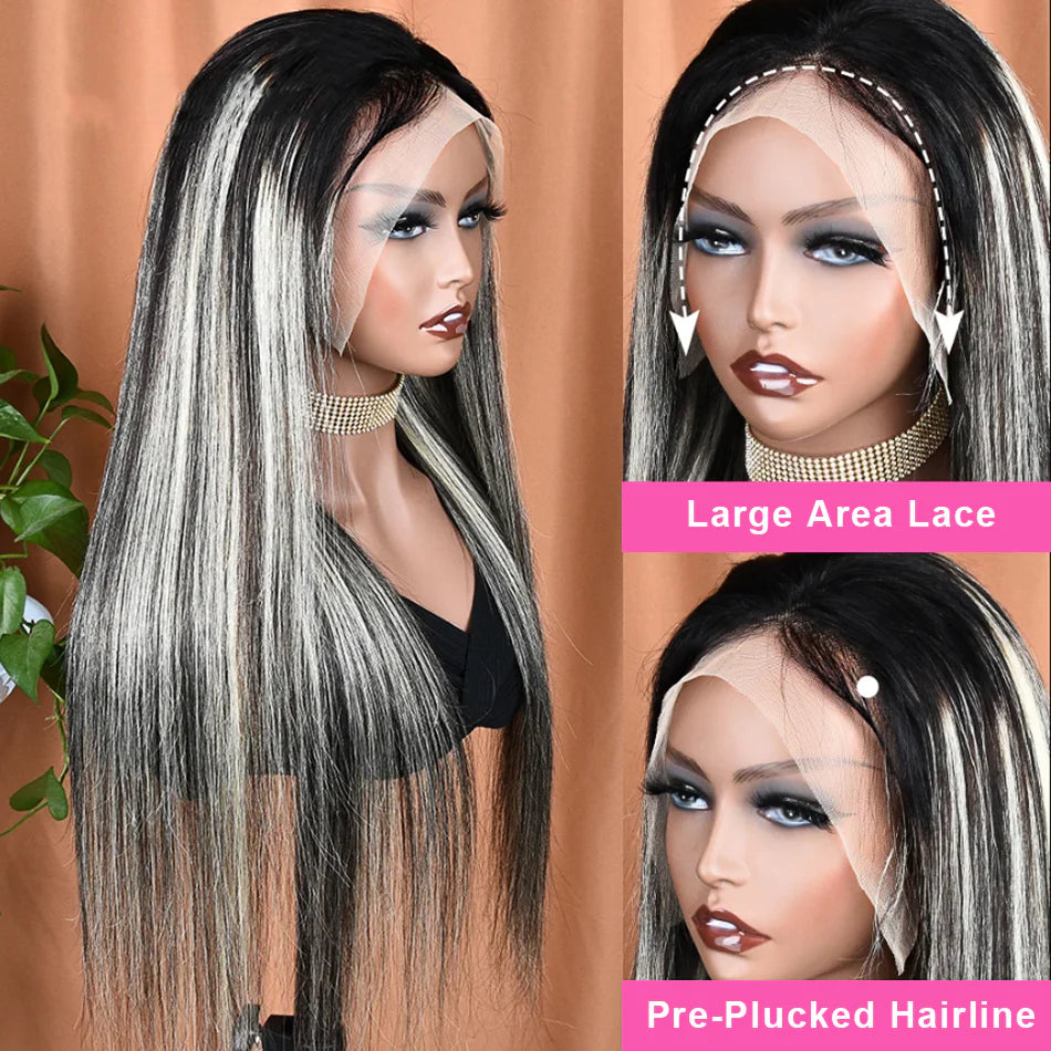 Kelily Black/Platinum Blonde highlight Straight Lace Wig Human Hair Pre-plucked 1Piece