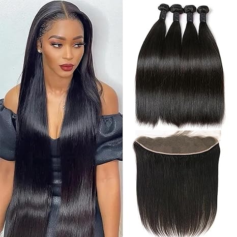 Kelily Straight 4Bundles With Lace Frontal 10A Grade 100% Human Hair Natural Black