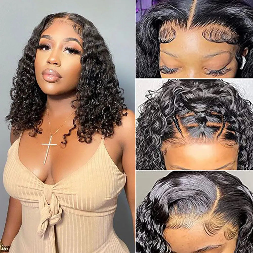 Bob Lace Wig Black Curly For Women Deep Water Curly Wave Human Hair Wigs 100% Remy Natural Hair Short Lace Frontal T Part Wig