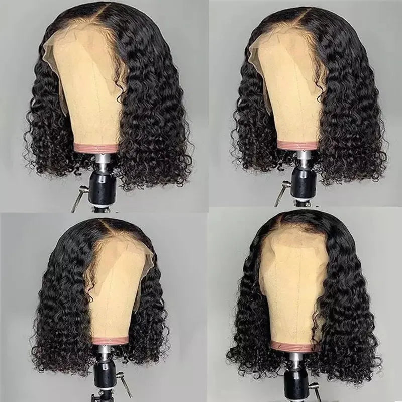 Bob Lace Wig Black Curly For Women Deep Water Curly Wave Human Hair Wigs 100% Remy Natural Hair Short Lace Frontal T Part Wig