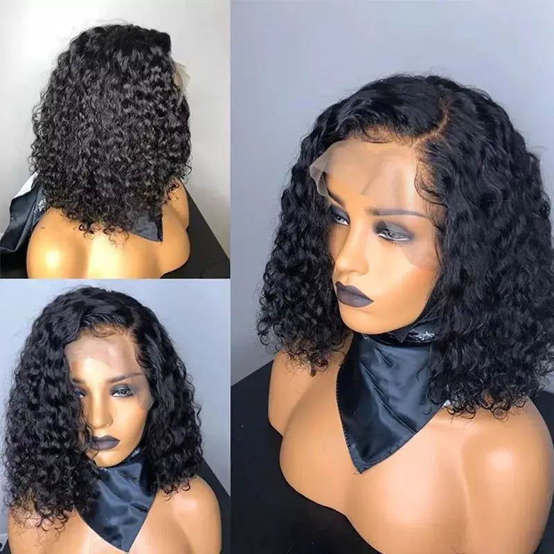 Bob Lace Wig Black Curly For Women Deep Water Curly Wave Human Hair Wigs 100% Remy Natural Hair Short Lace Frontal T Part Wig