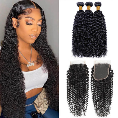 Kelily 10A Grade Human Hair Jerry Curly Bundles With Closure Remy Human Hair 3Bundles With Swiss Lace Closure