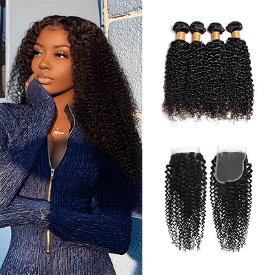 Kelily 10A Brazilian Curly Weave Human Hair 4 Bundles with Lace Closure 10A Unprocessed Virgin Hair