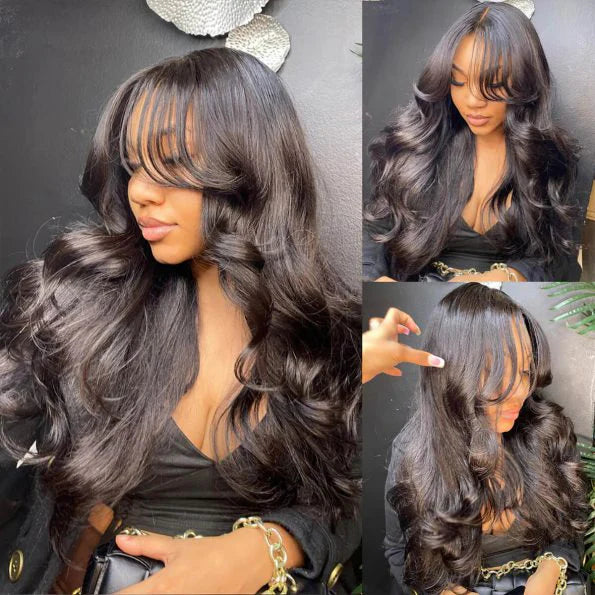 Curtain Bangs Pre Cut HD Lace Wig Butterfly Cut Body Wave Glueless Human Hair Wigs with Adjustable Strap