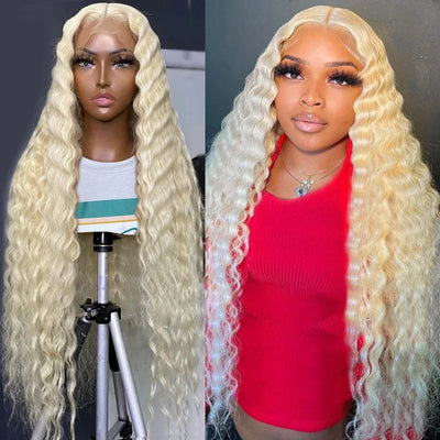 13x4 13x6 Deep Wave 613 Honey Blonde Curly Transparent Lace Frontal Wigs