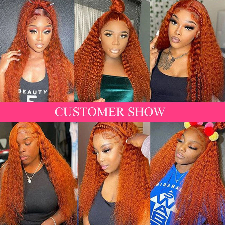 Hd Colored Ginger Orange Curly Lace Frontal Wig Deep Water Wave Lace Front Human Hair Wigs 30inch Brazilian Preplucked