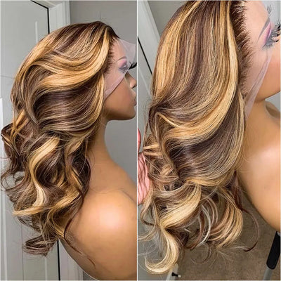 Kelily 13x4 13x6 Honey Blonde / Brown Piano 4/27# Body Wave Lace Front Wig Women's