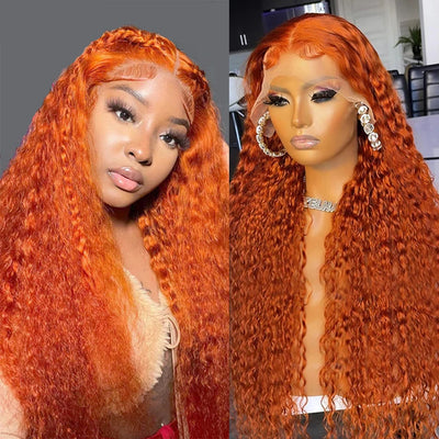 Hd Colored Ginger Orange Curly Lace Frontal Wig Deep Water Wave Lace Front Human Hair Wigs 30inch Brazilian Preplucked