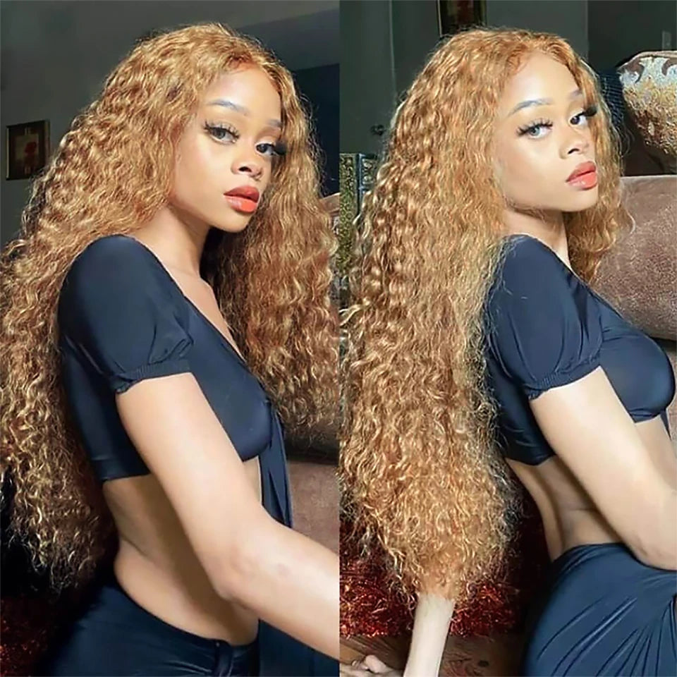 Kelily Brown And Honey Blonde Highlights 4/27# Highlight Water Wave Curly Lace Wig