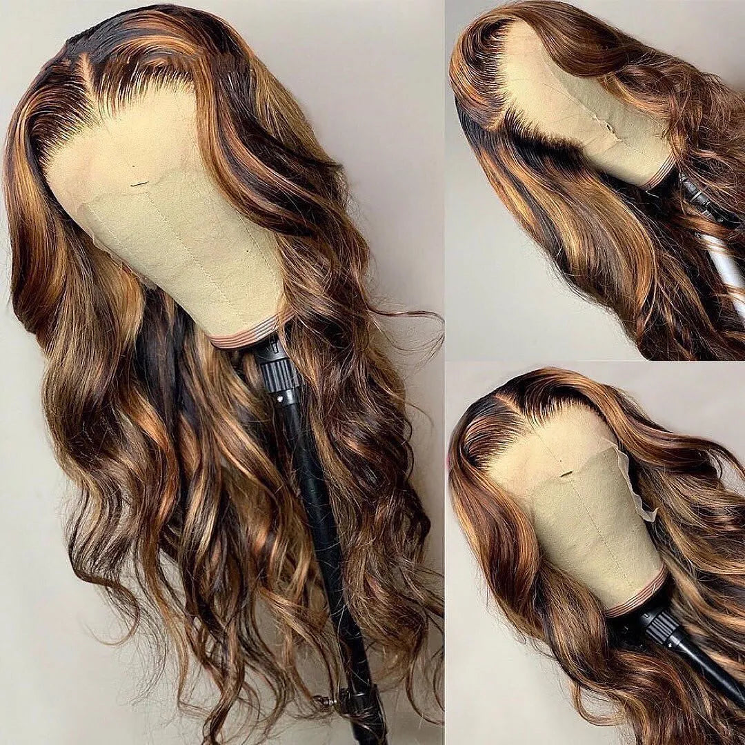 Kelily 13x4 13x6 Honey Blonde / Brown Piano 4/27# Body Wave Lace Front Wig Women's