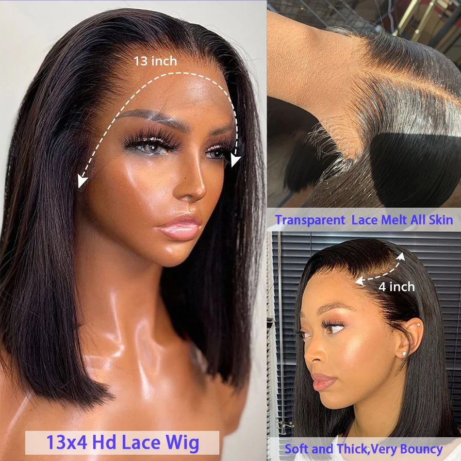 Kelily Glueless Straight Bob Wig Human Hair  Brazilian Pre Plucked T Part Short Wigs 4x4 Closure Bob Hair Wig