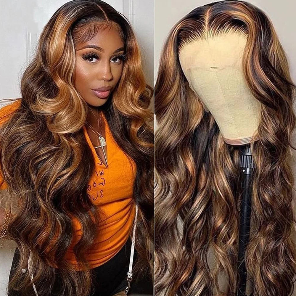 Kelily 13x4 13x6 Honey Blonde / Brown Piano 4/27# Body Wave Lace Front Wig Women's