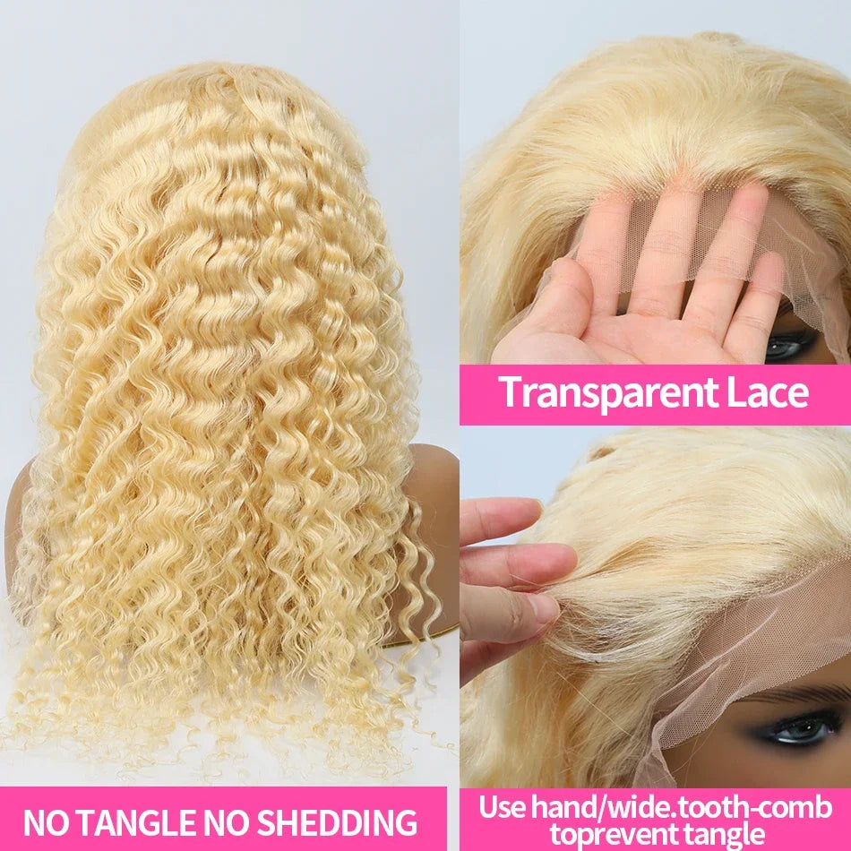 13x4 13x6 Deep Wave 613 Honey Blonde Curly Transparent Lace Frontal Wigs