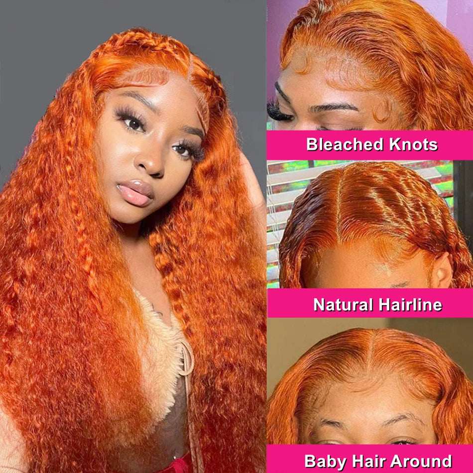 Hd Colored Ginger Orange Curly Lace Frontal Wig Deep Water Wave Lace Front Human Hair Wigs 30inch Brazilian Preplucked