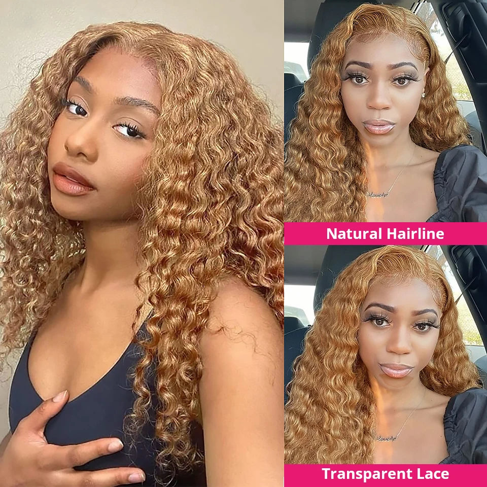 Kelily Brown And Honey Blonde Highlights 4/27# Highlight Water Wave Curly Lace Wig