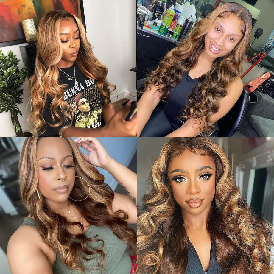 Kelily 13x4 13x6 Honey Blonde / Brown Piano 4/27# Body Wave Lace Front Wig Women's