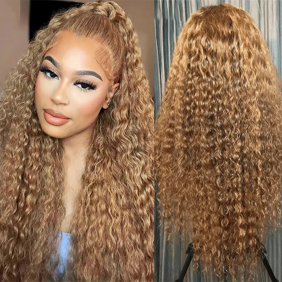 Kelily Brown And Honey Blonde Highlights 4/27# Highlight Water Wave Curly Lace Wig