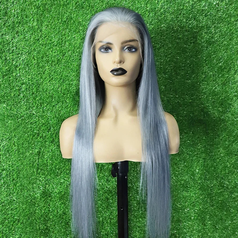 Straight Silver Grey Transparent Lace Front Colored Human Hair Wigs For Women