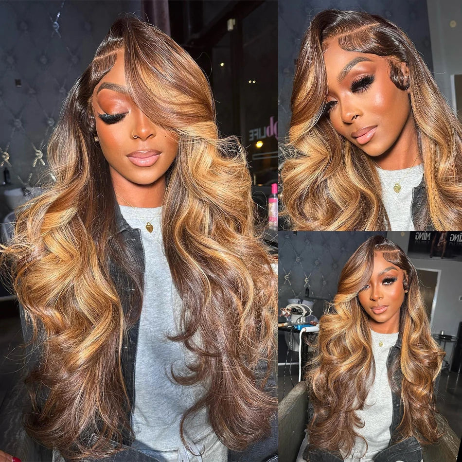 Brown Blonde P427 Glueless HD Lace Wig Body Wave Human Virgin Hair 1Piece