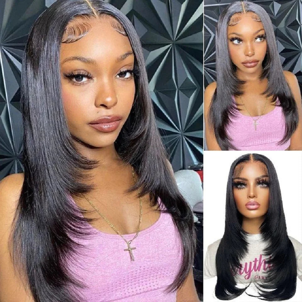 Kelily Trendy Layered Cut Straight Wig 14-24 Glueless Lace Front Human Hair Wig for Women Pre Plucked 4x4 Lace Closure Wig