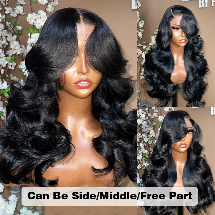 Curtain Bangs Pre Cut HD Lace Wig Butterfly Cut Body Wave Glueless Human Hair Wigs with Adjustable Strap