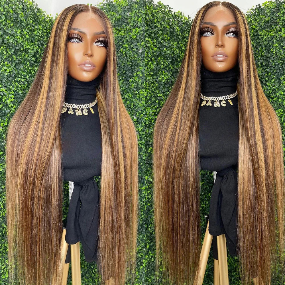 Honey Blonde/Brown Piano 4/27# Fashion Highlights Straight Lace Human Wig Hair