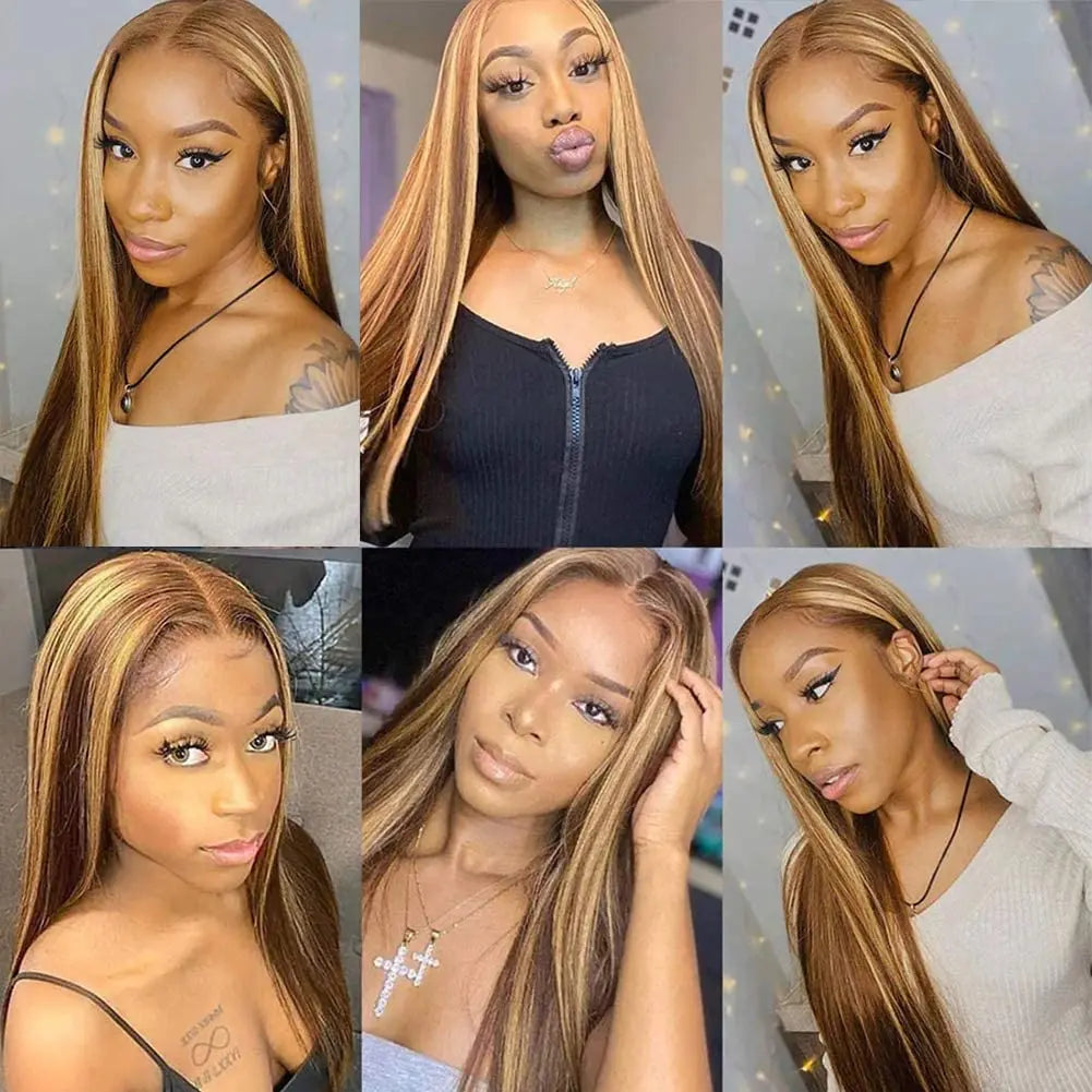 Honey Blonde/Brown Piano 4/27# Fashion Highlights Straight Lace Human Wig Hair