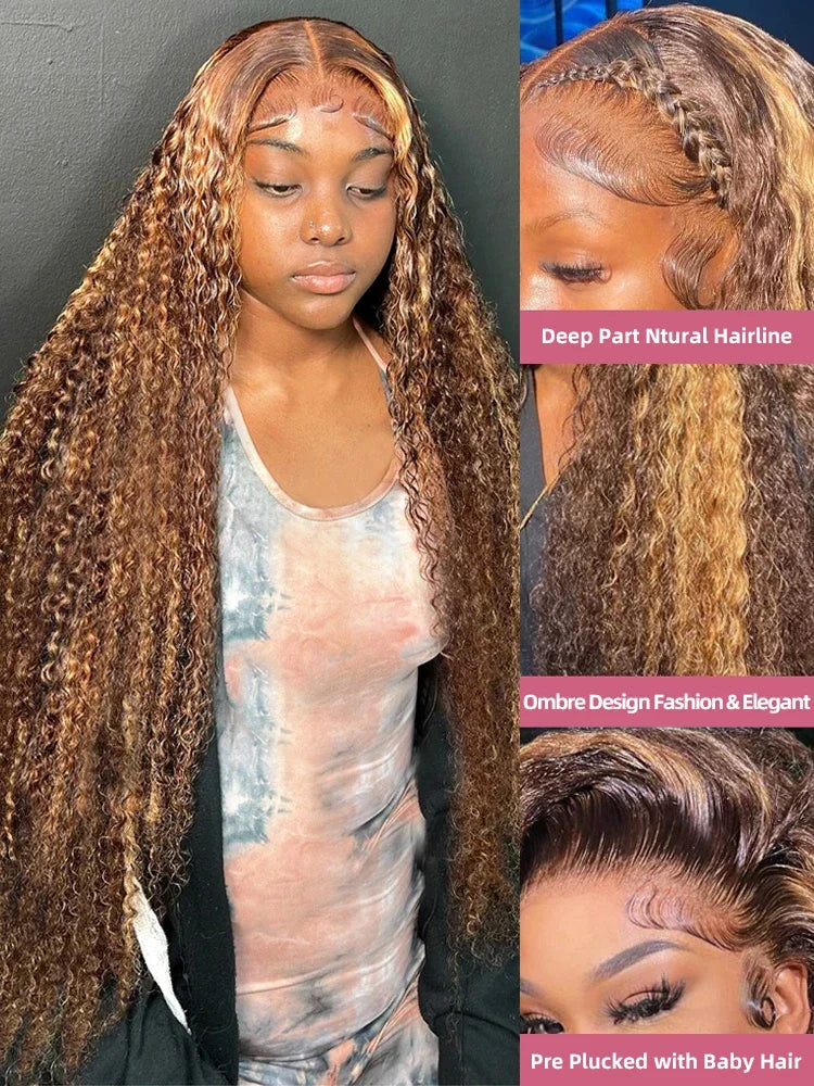 Kelily Brown And Honey Blonde Highlights 4/27# Highlight Water Wave Curly Lace Wig