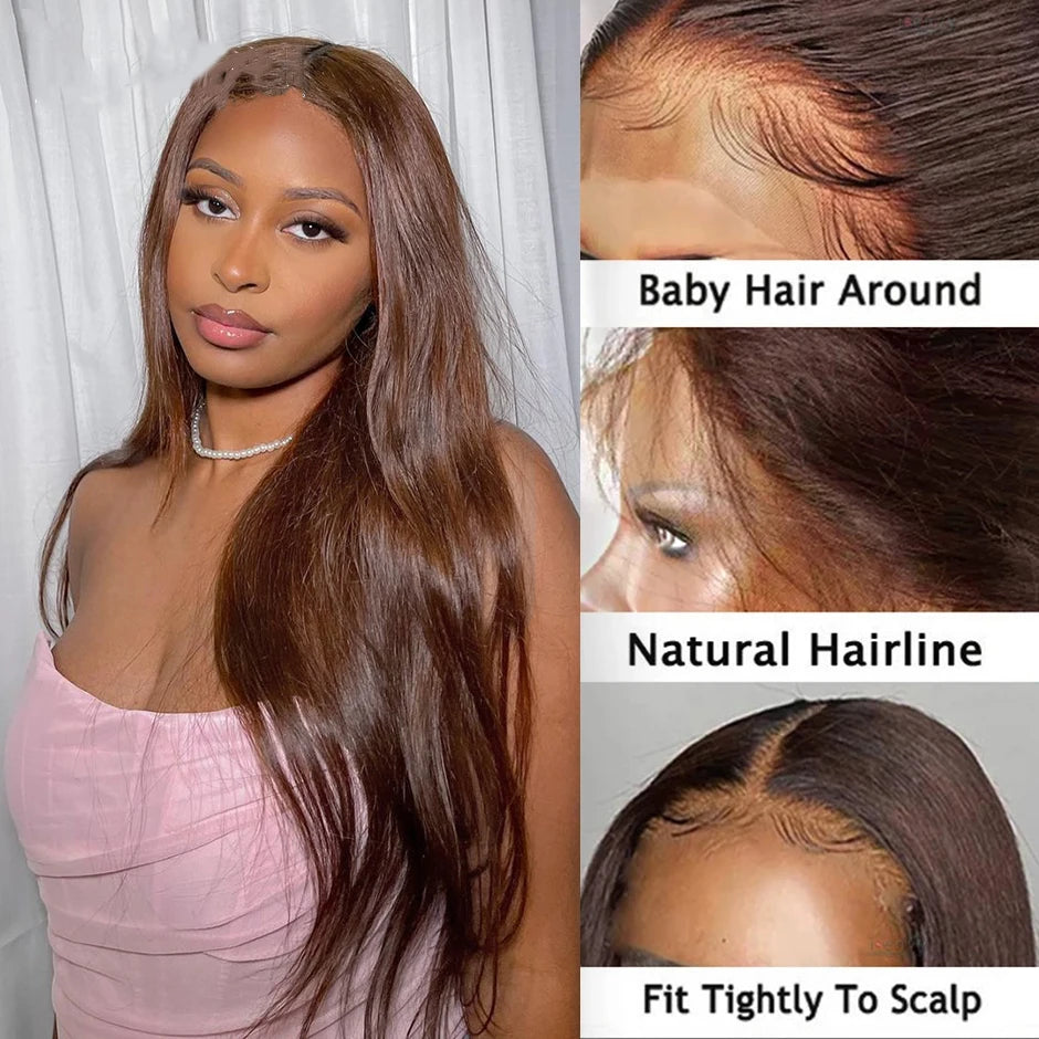 100% Glueless wig #4 Chocolate Brown Straight Preplucked Human Wigs Ready to Go Lace Closure Human Hair Wigs