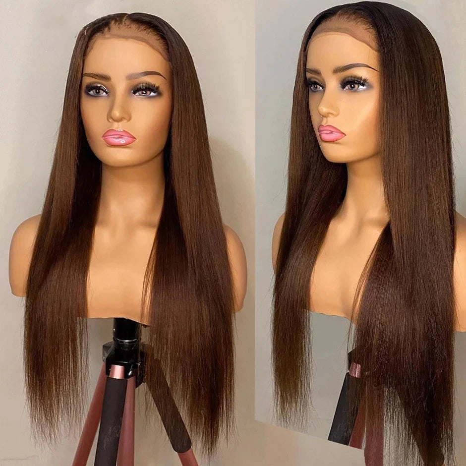 100% Glueless wig #4 Chocolate Brown Straight Preplucked Human Wigs Ready to Go Lace Closure Human Hair Wigs