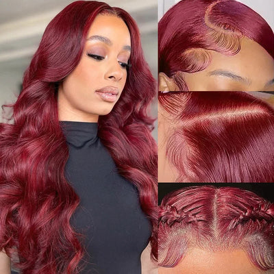 99j Burgundy Lace Front Wigs Human Hair Body Wave  HD Transparent Lace Frontal Wig for Women Pre Plucked Wine Red Colored