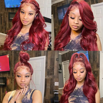 99j Burgundy Lace Front Wigs Human Hair Body Wave  HD Transparent Lace Frontal Wig for Women Pre Plucked Wine Red Colored