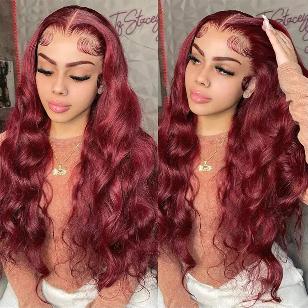 99j Burgundy Lace Front Wigs Human Hair Body Wave  HD Transparent Lace Frontal Wig for Women Pre Plucked Wine Red Colored