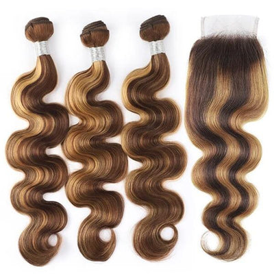 Kelily 10A Highlight P427 Bundles With Closure Straight 3 Bundles With Lace Closure 100% Human Hair