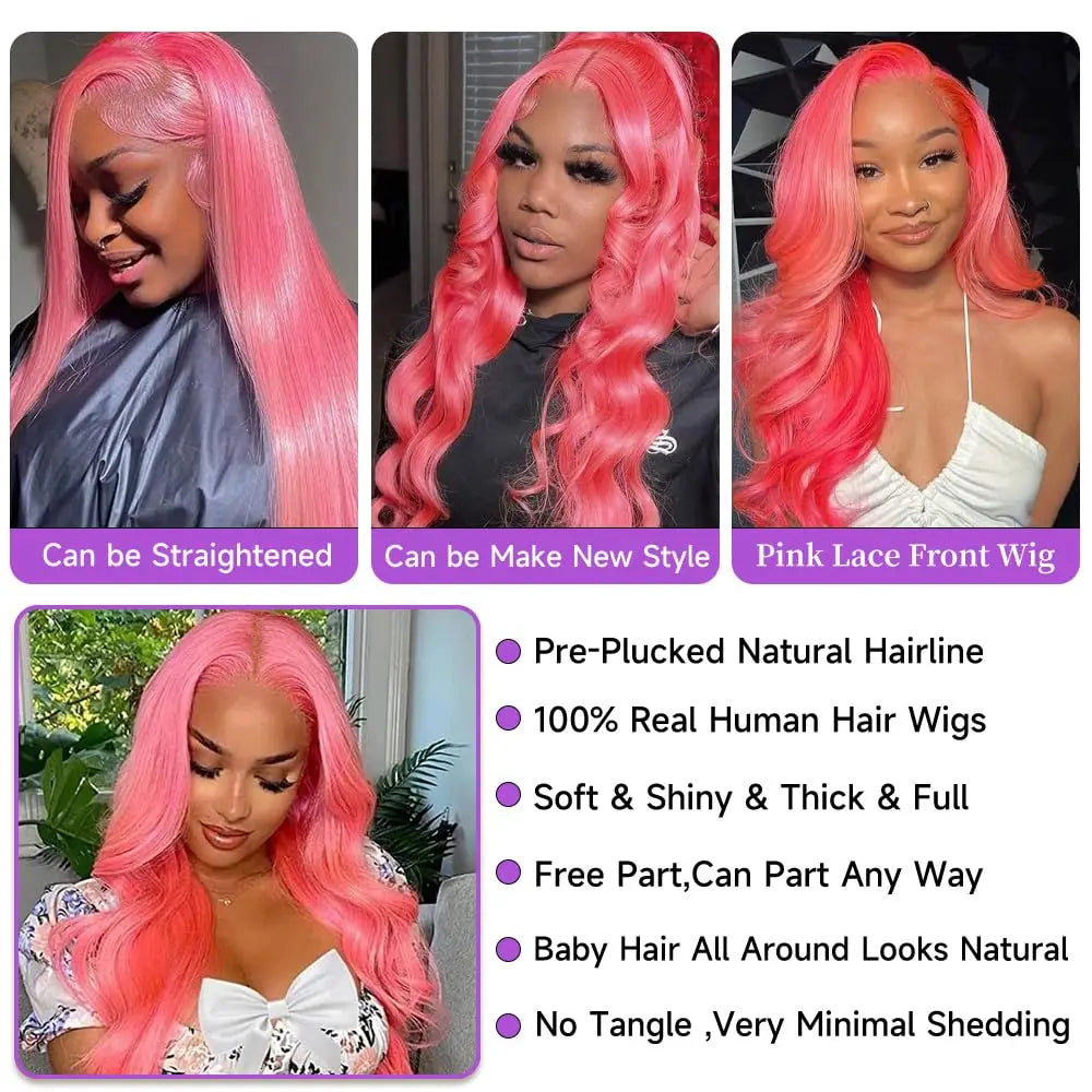 Body Wave Pink HD Lace  Wigs Human Hair Pre Plucked with Baby Hair Pink Color Wig Hair