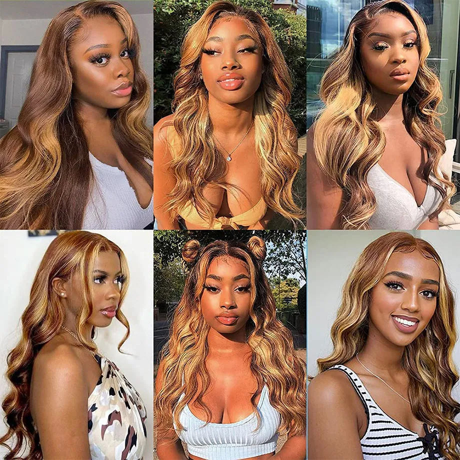 Ombre Balayage Highlights #1b/30 Black Dark Blonde Body Wave Lace Wig Human Hair