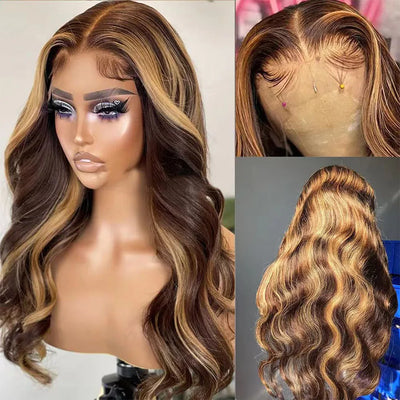 Ombre Balayage Highlights #1b/30 Black Dark Blonde Body Wave Lace Wig Human Hair